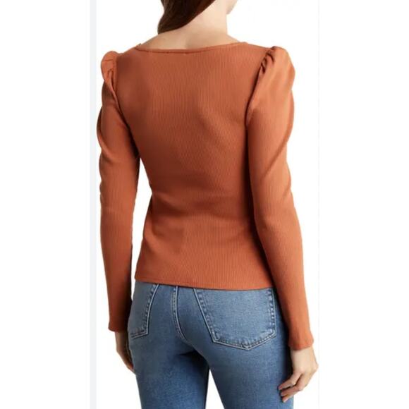 7 For All Mankind Puff Sleeve Square Neck Ribbed Top Size Small NWT Long Sleeves - Picture 8 of 13